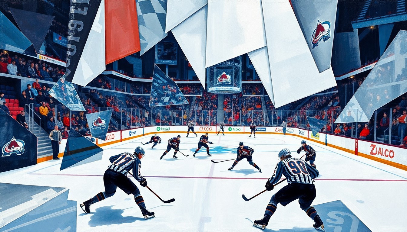 A fractured, geometric painting depicting the action of a hockey game, with players and the ice surface broken down into sharp, overlapping planes of color and form, conveying the dynamic and unpredictable nature of the sport.