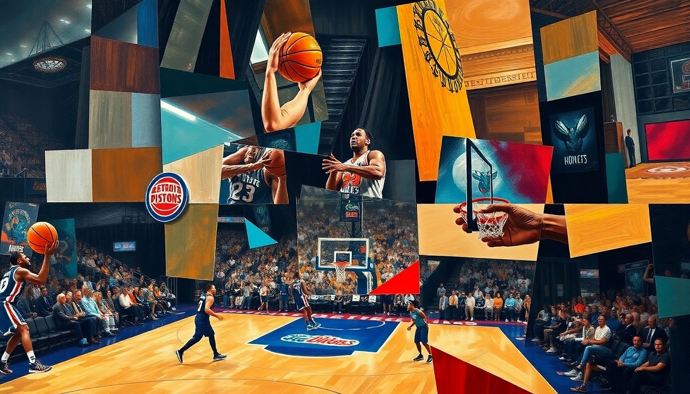 A fragmented, geometric painting depicting a basketball game, with players and the court broken down into sharp, overlapping shapes and planes, conveying the dynamic and competitive nature of the contest.