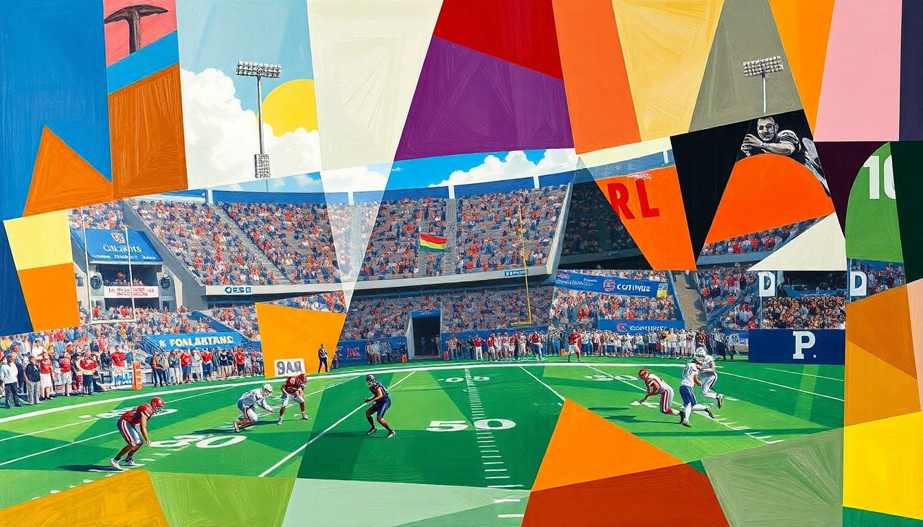 A cubist, geometric painting depicting a fragmented, multi-angled view of a college football game, conceptually representing the changing dynamics in the sport's scheduling decisions.