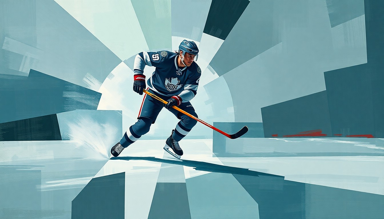 A cubist, geometric painting depicting a hockey player in mid-action, their body and movements broken down into sharp, overlapping planes of muted blues, greens, and grays, with flashes of white and red to highlight the intensity of the game.