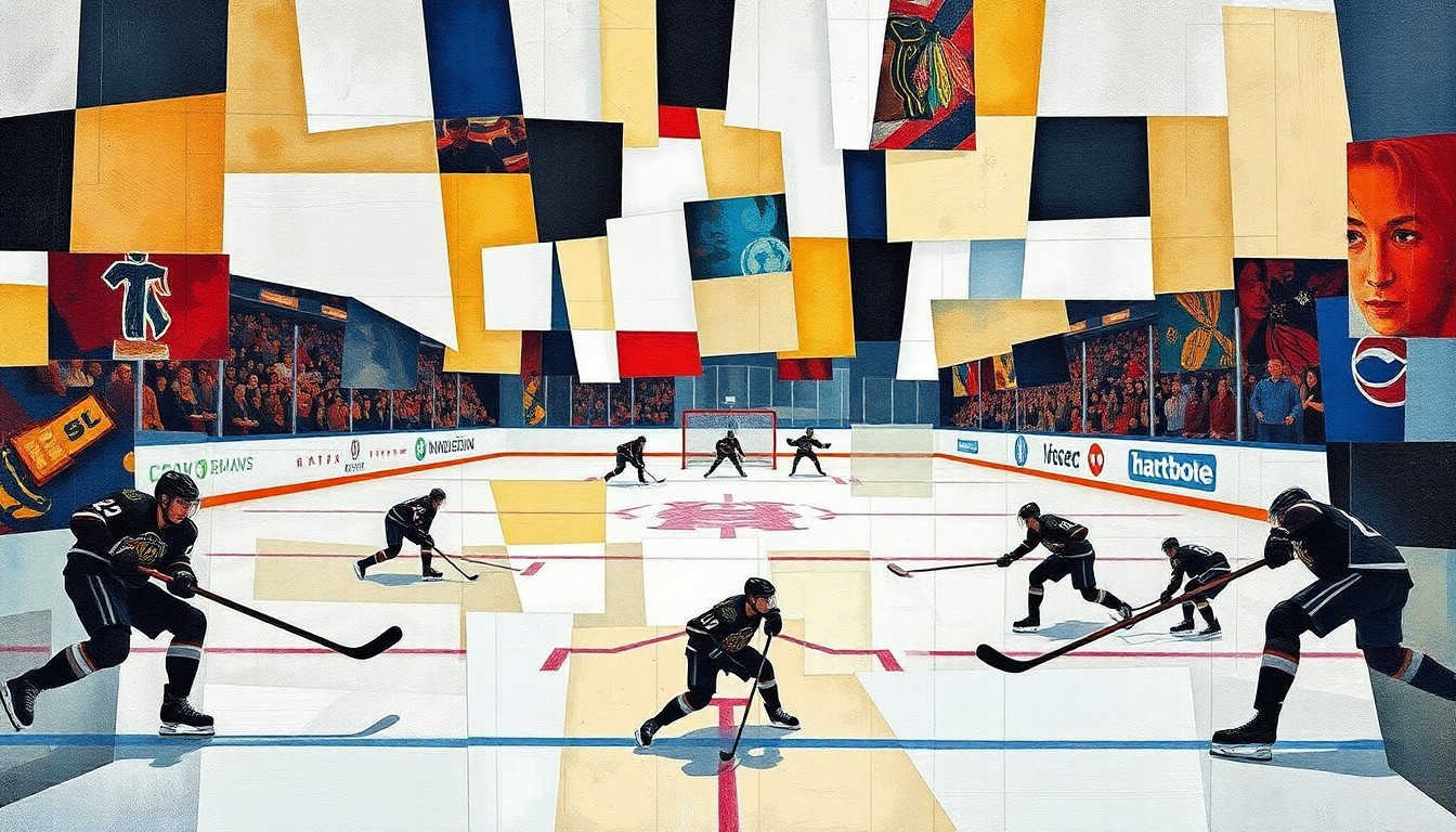 A cubist, geometric painting depicting an abstract hockey scene with overlapping planes of ice, sticks, pucks, and player silhouettes, conveying the fragmented, high-intensity nature of the NHL postseason.