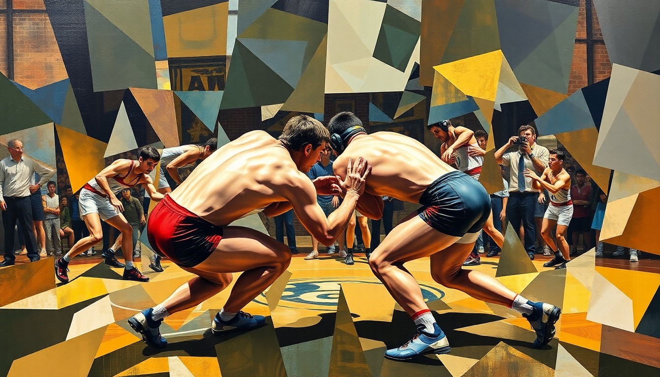 A fractured, cubist-style painting depicting the intense physicality and energy of a collegiate wrestling match, with the wrestlers' bodies and movements broken down into abstract geometric shapes and planes in a multi-perspective composition.
