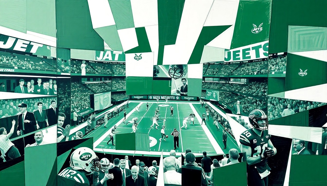 A cubist, geometric painting depicting a fragmented and deconstructed football scene, with sharp, overlapping planes in the official colors of the New York Jets, representing their unorthodox approach to the NFL draft.