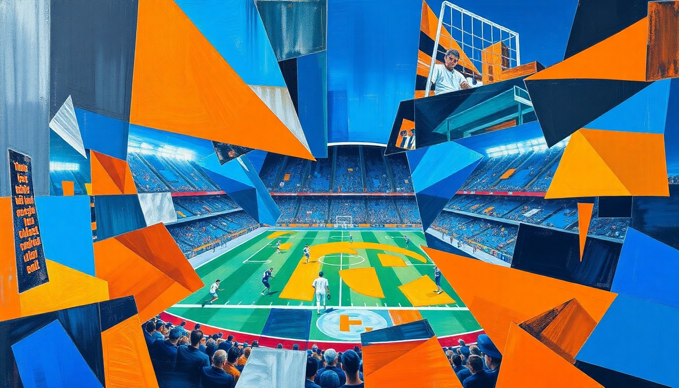 A fragmented, geometric painting in bold colors depicting a football player in motion, with the player's form broken down into overlapping angular shapes, reflecting the multifaceted nature of the conflict between the Cardinals and Kyler Murray.