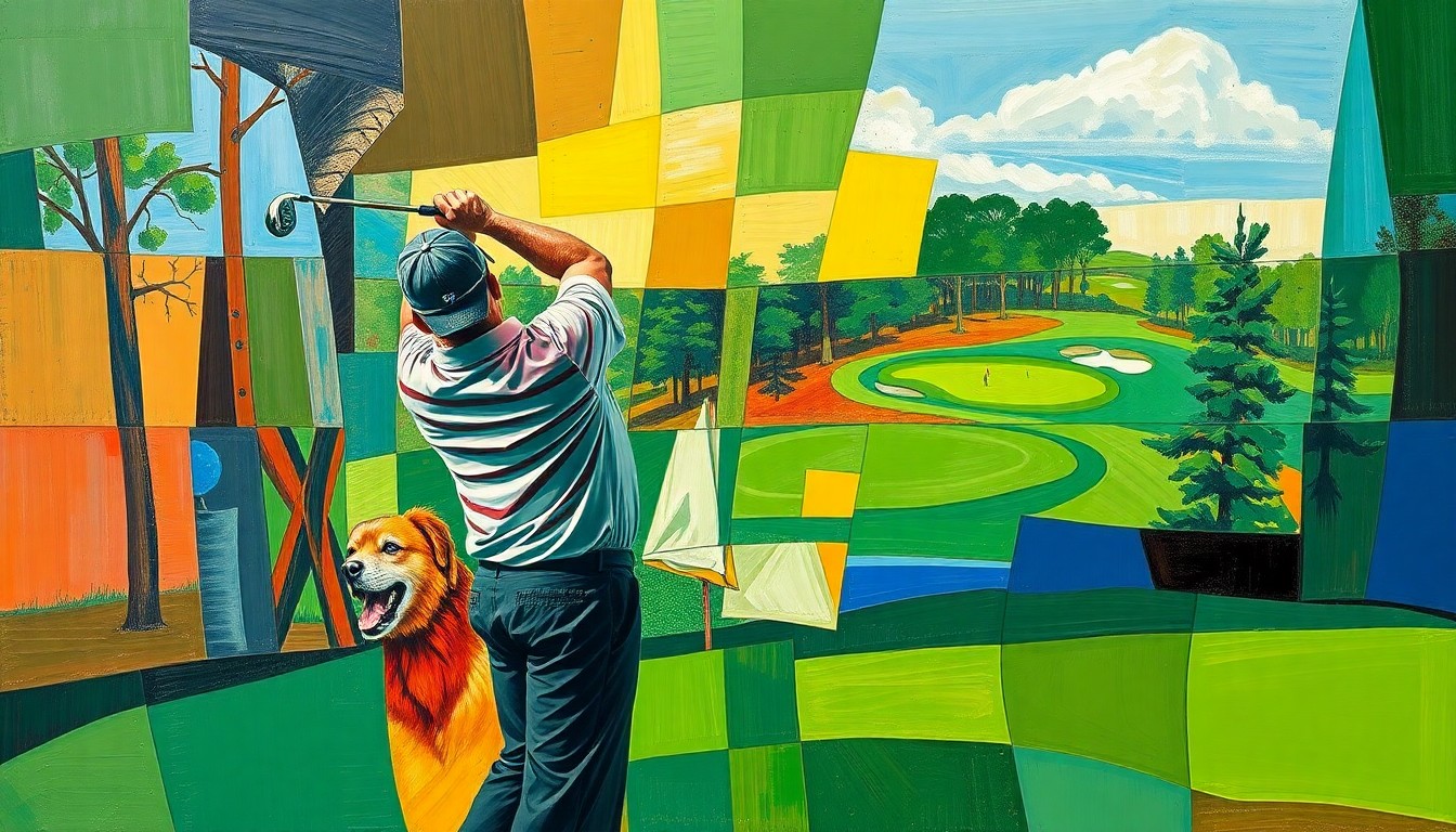A fractured, cubist-style painting depicting a golfer's swing, a golf course, and the intense atmosphere of the Masters tournament, all broken down into sharp, overlapping geometric shapes and planes in a vibrant color palette.