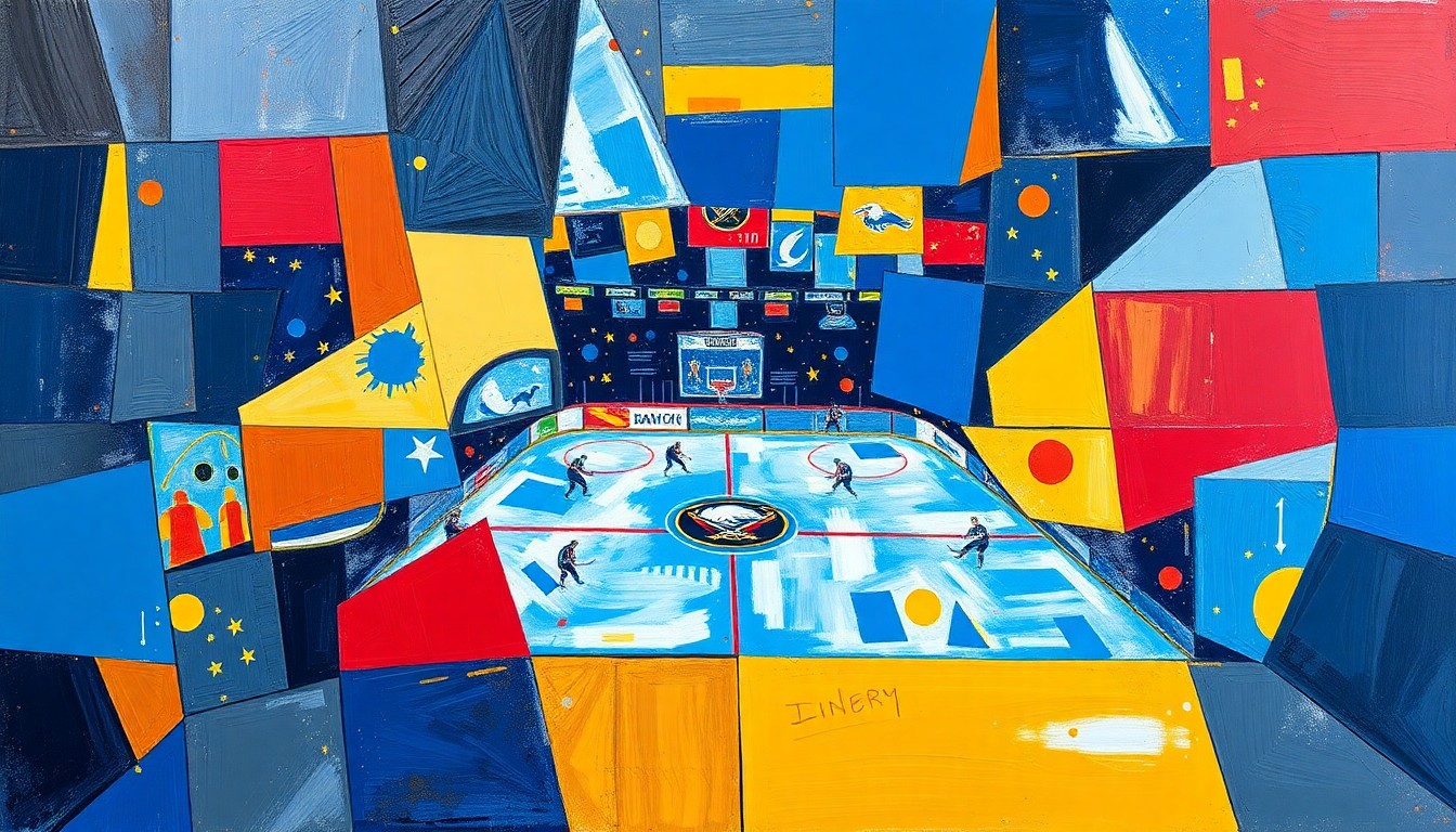 A cubist, geometric painting depicting a hockey game between the Buffalo Sabres and Tampa Bay Lightning, with sharp, overlapping planes of blue, gold, and red capturing the intensity of the match.