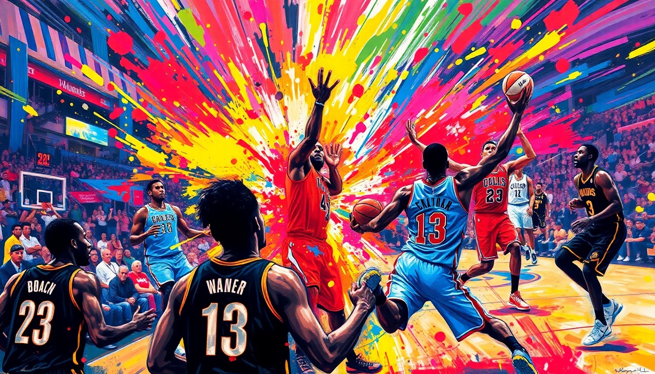 An abstract, expressionist painting depicting the frenetic energy and movement of an NBA playoff game, with players' forms breaking apart into vibrant splashes of neon color.
