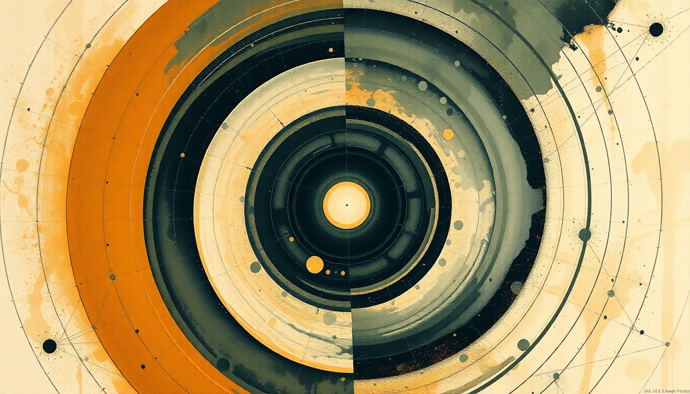 A highly textured, abstract painting in earthy tones of ochre, sage, and indigo, featuring sweeping geometric arcs, concentric circles, and precise botanical spirals, conceptually representing the complex forces and structures underlying the expansion of the Universe.