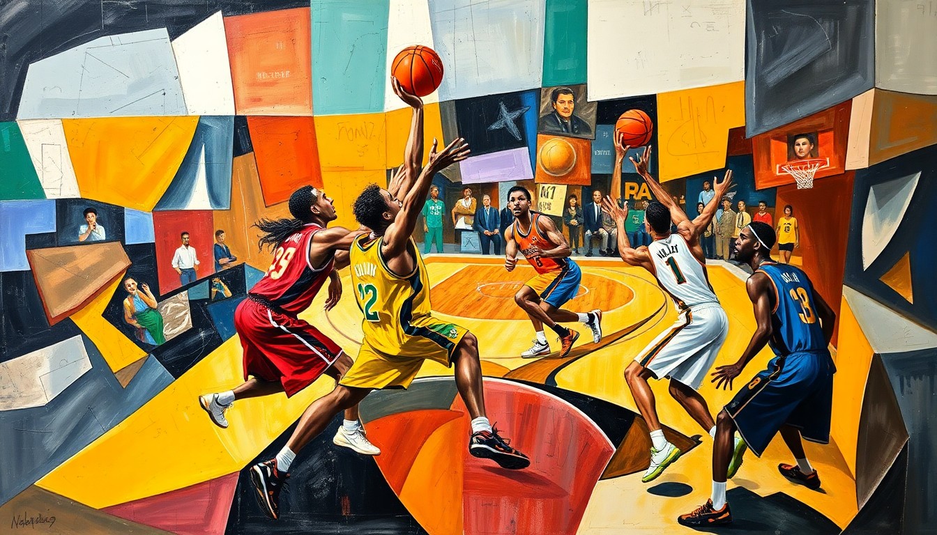 A cubist, geometric painting depicting the abstract forms of basketball players in motion, with vibrant colors and overlapping planes capturing the energy and dynamism of the sport.