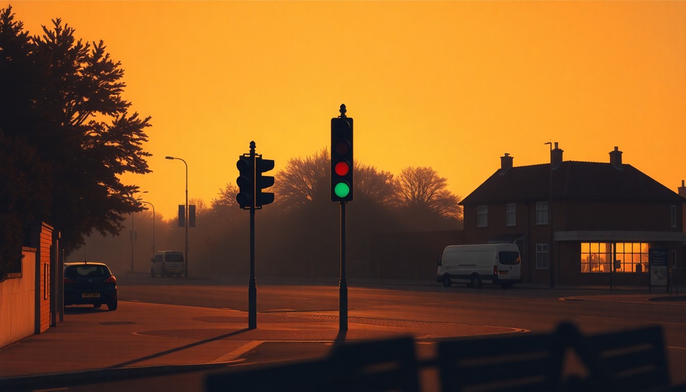 A serene, cinematic painting depicting a solitary traffic light or road sign at the Hambrook Junction in Bristol, with warm, diagonal sunlight and deep shadows creating a nostalgic, contemplative mood, conceptually representing the balance between transportation and environmental concerns.