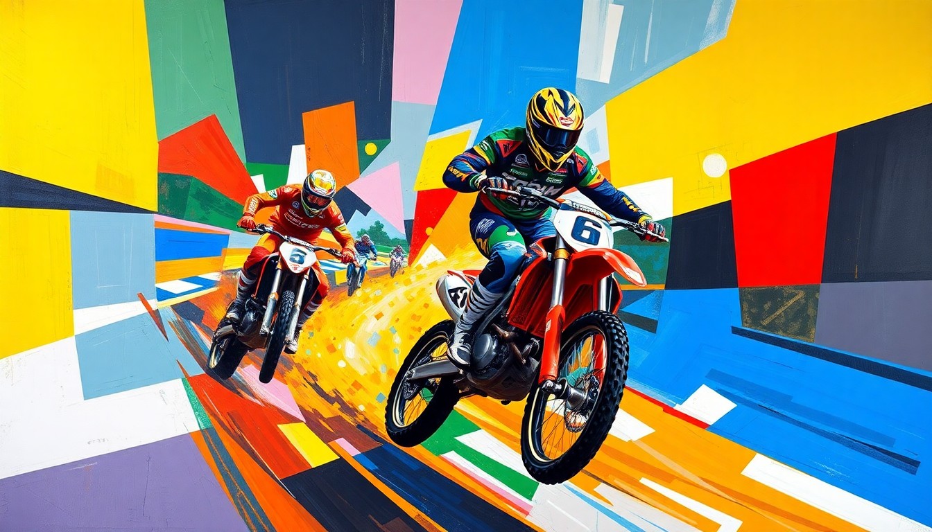 A fractured, multi-perspective painting in vibrant colors, breaking down a motocross or road race scene into sharp, overlapping geometric planes to capture the raw energy and movement of motorsports.