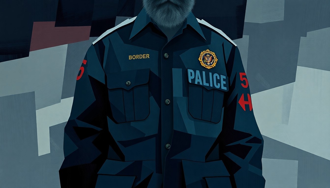 A fractured, abstract painting in shades of blue, grey, and red depicting a stylized border patrol uniform, conveying the divisive and fast-paced nature of the immigration debate.