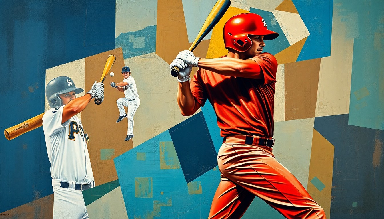 A fractured, geometric painting depicting a baseball player's batting stance and swing broken down into sharp, overlapping planes of color, conveying the multifaceted nature of Abreu's offensive game.