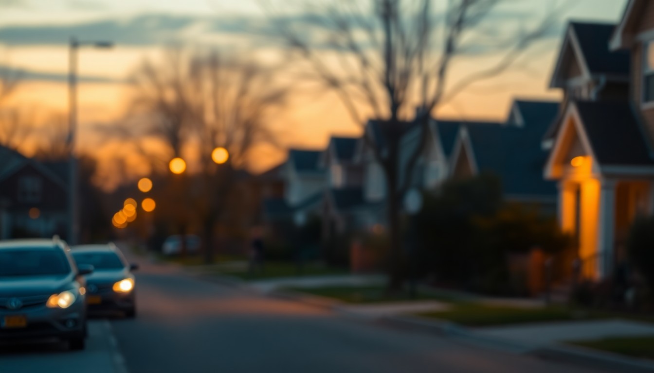 An abstract, impressionistic scene of a residential street at dusk, with soft, blurred pools of warm light from streetlamps and homes, conveying a sense of comfort and normalcy returning to the community.