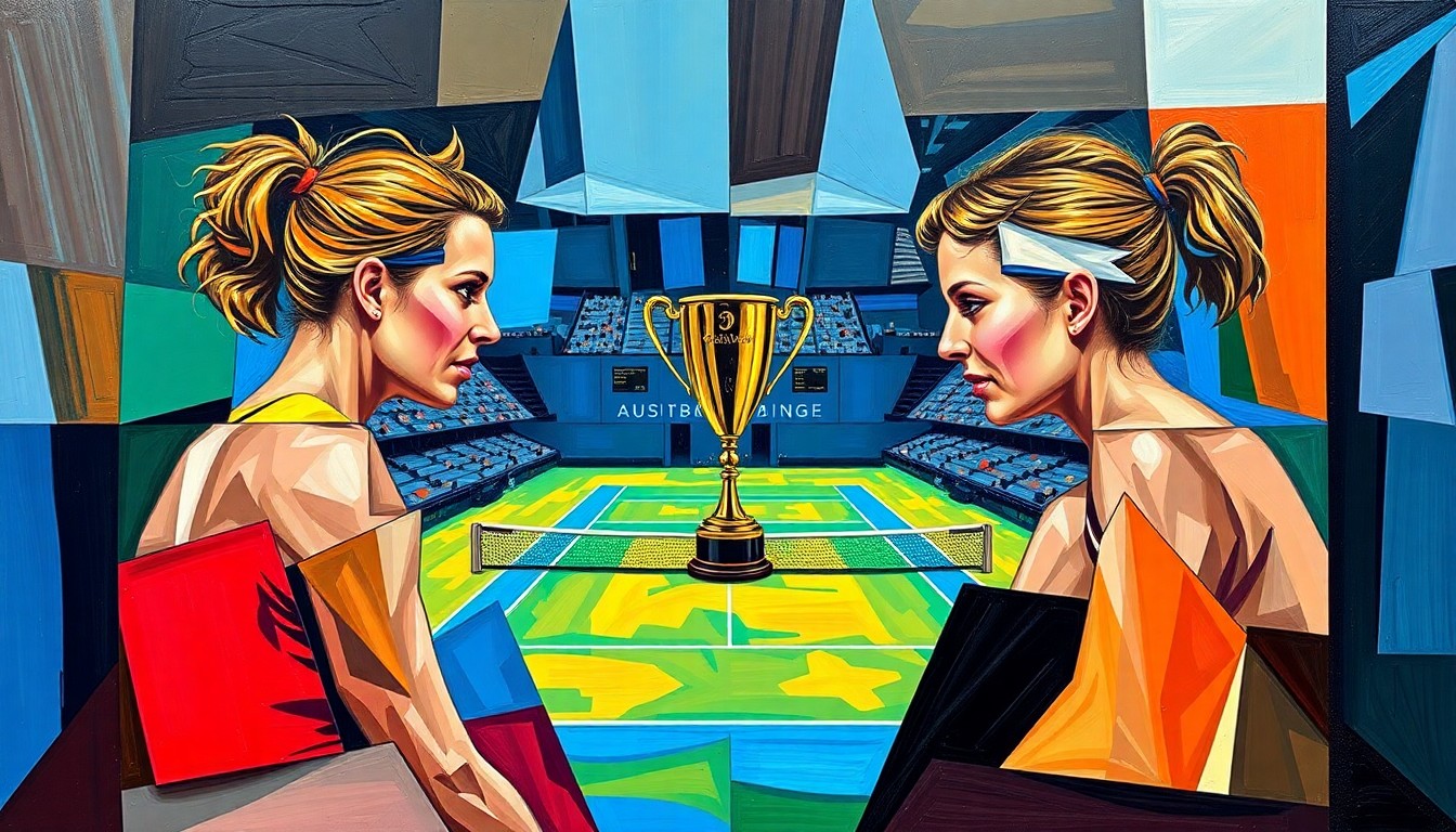 A fractured, multi-perspective painting depicting the Australian Open women's final between Aryna Sabalenka and Elena Rybakina. Overlapping geometric planes in vibrant colors capture the intensity and dynamism of the match.