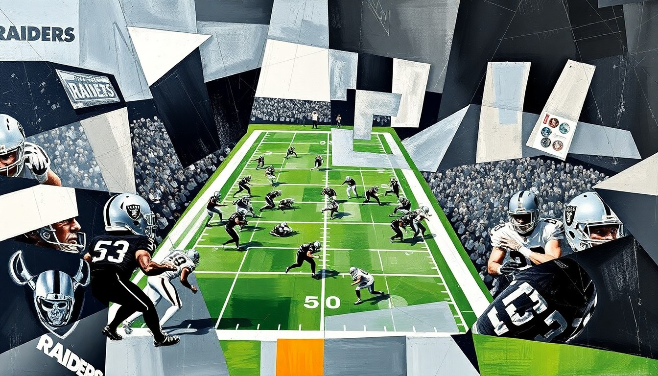 A cubist, geometric painting depicting a Raiders football game, with the players and field abstracted into sharp, overlapping planes of silver, black, and other muted colors, conveying the dynamic energy and strategic transformation of the team under Brady's leadership.