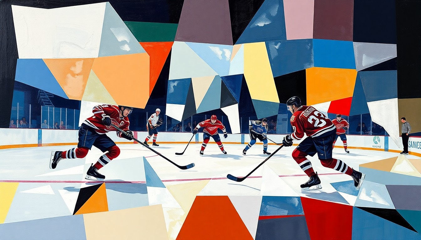 A fractured, multi-perspective painting in the style of Pablo Picasso, breaking down a hockey game into sharp, overlapping geometric planes of color and abstract shapes, capturing the intensity and dynamism of the sport.