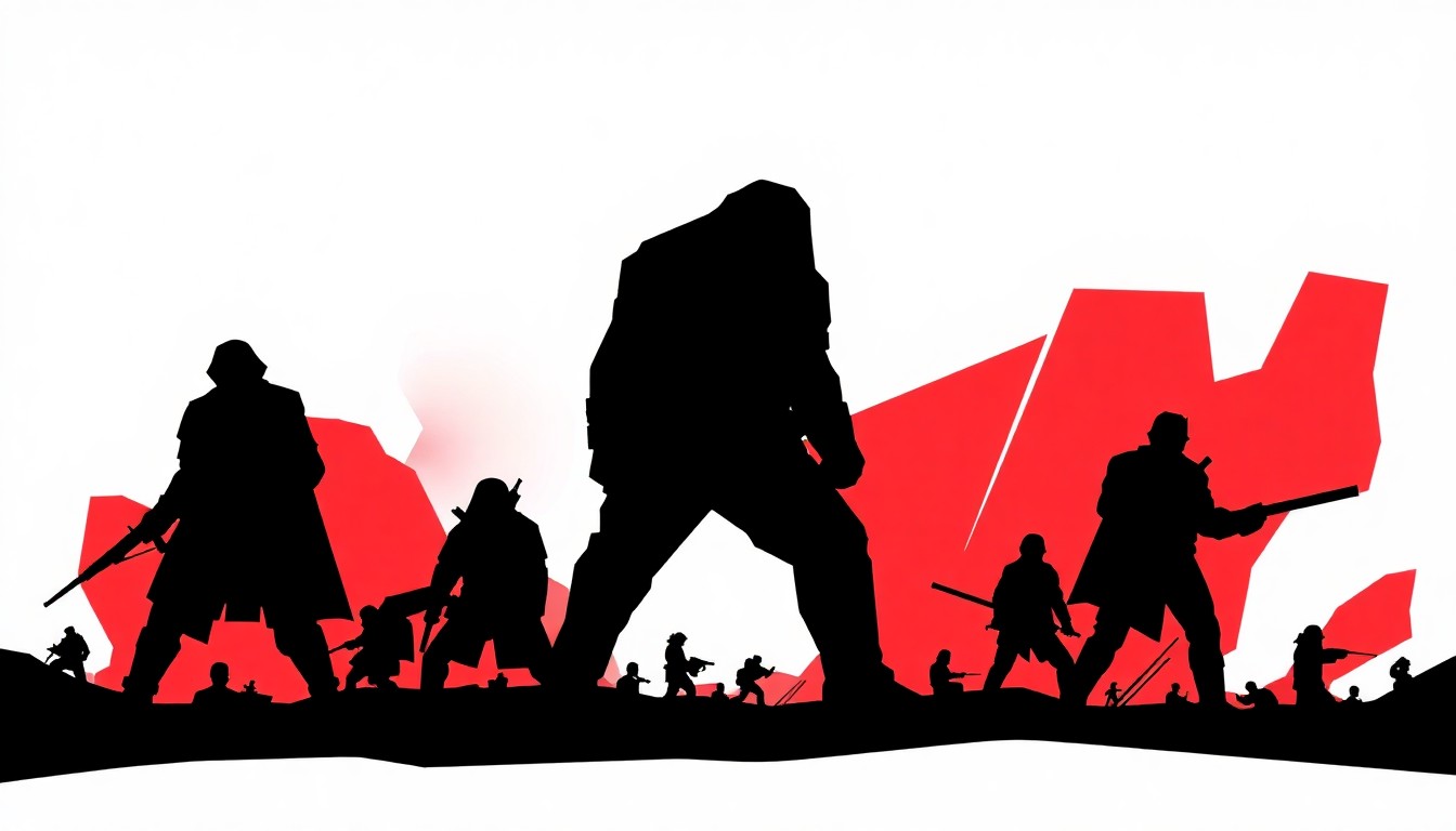 A striking black and white illustration featuring abstract, jagged shapes and silhouettes, conceptually representing the intense, action-packed world of the 'Scum of the Brave' anime.