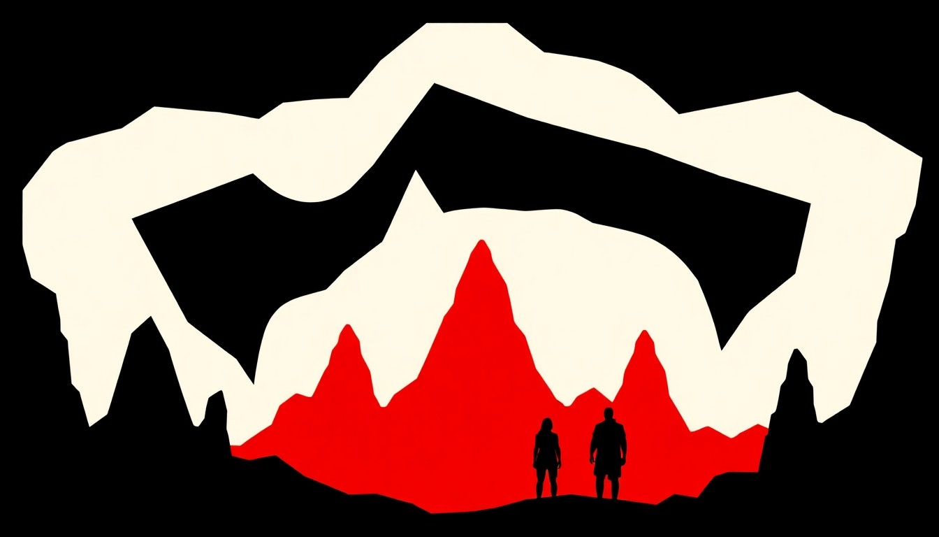 An abstract, minimalist composition of jagged, geometric shapes in bold red and white, conceptually representing the grand scale and immersive world-building of the film Avatar.