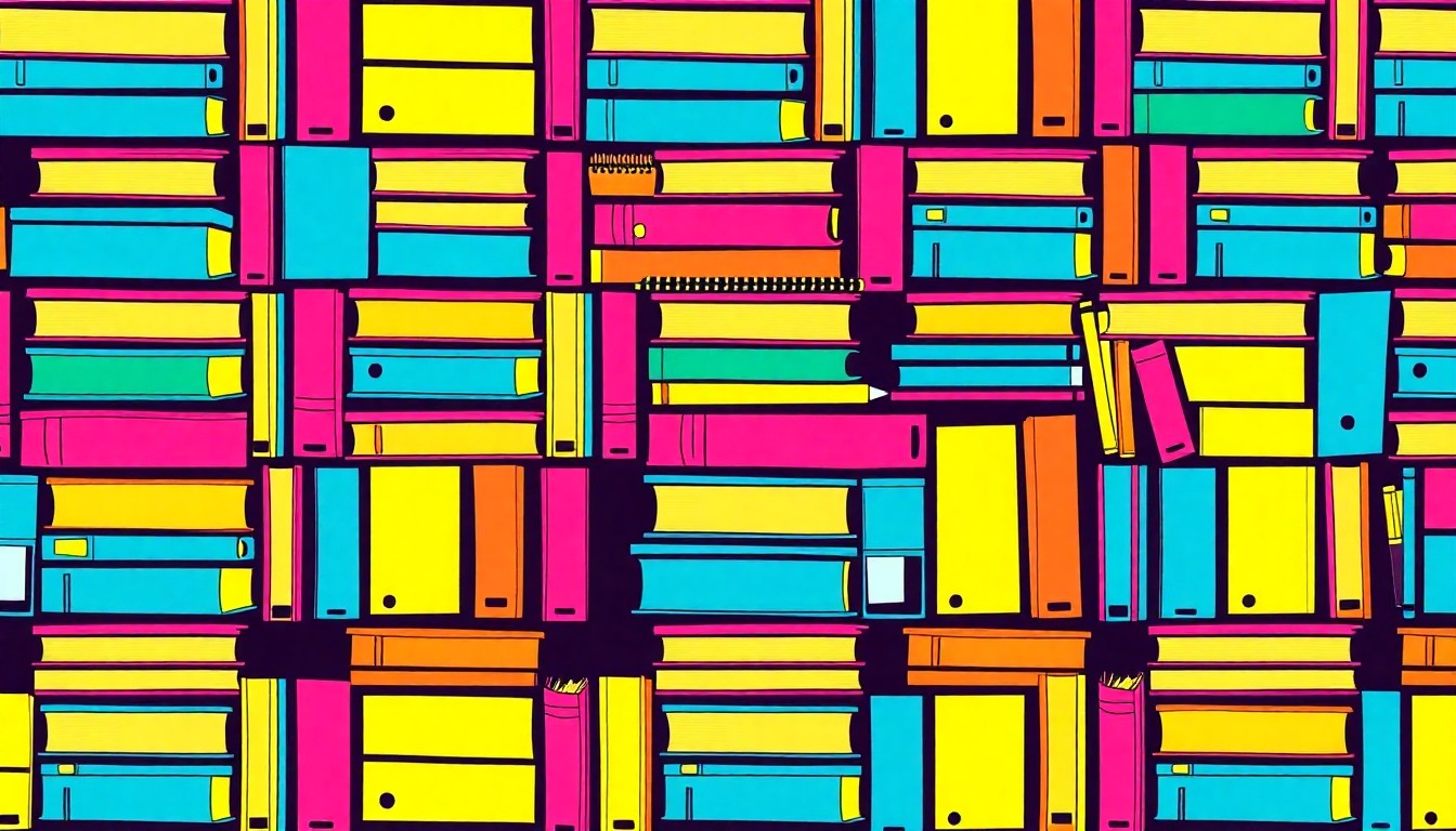 A vibrant, high-contrast silkscreen print of a stack of textbooks and school supplies repeated in a tight grid pattern, capturing the intersection of educational resources and the challenges facing modern families.