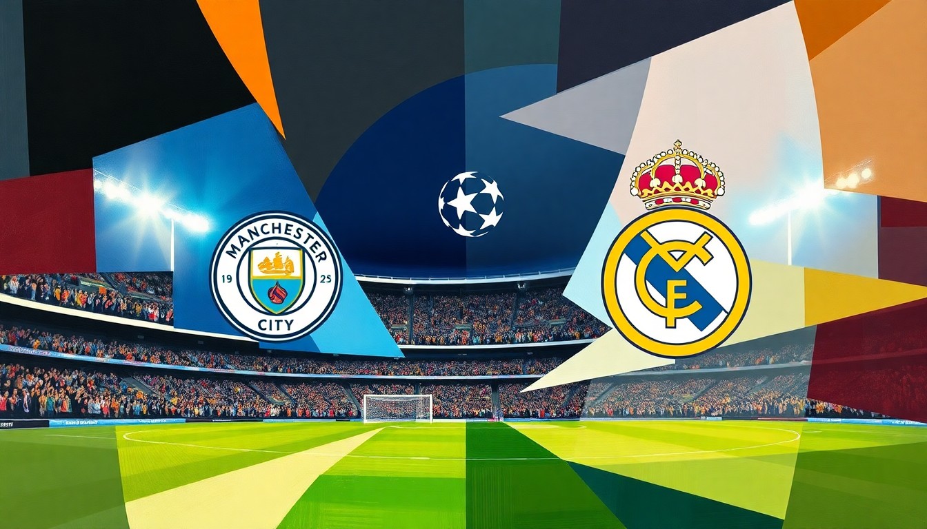 A cubist, geometric painting depicting the Champions League semifinal match between Manchester City and Real Madrid, with the players and the field of play fragmented into sharp, overlapping shapes and planes, capturing the intensity and complexity of the high-stakes encounter.