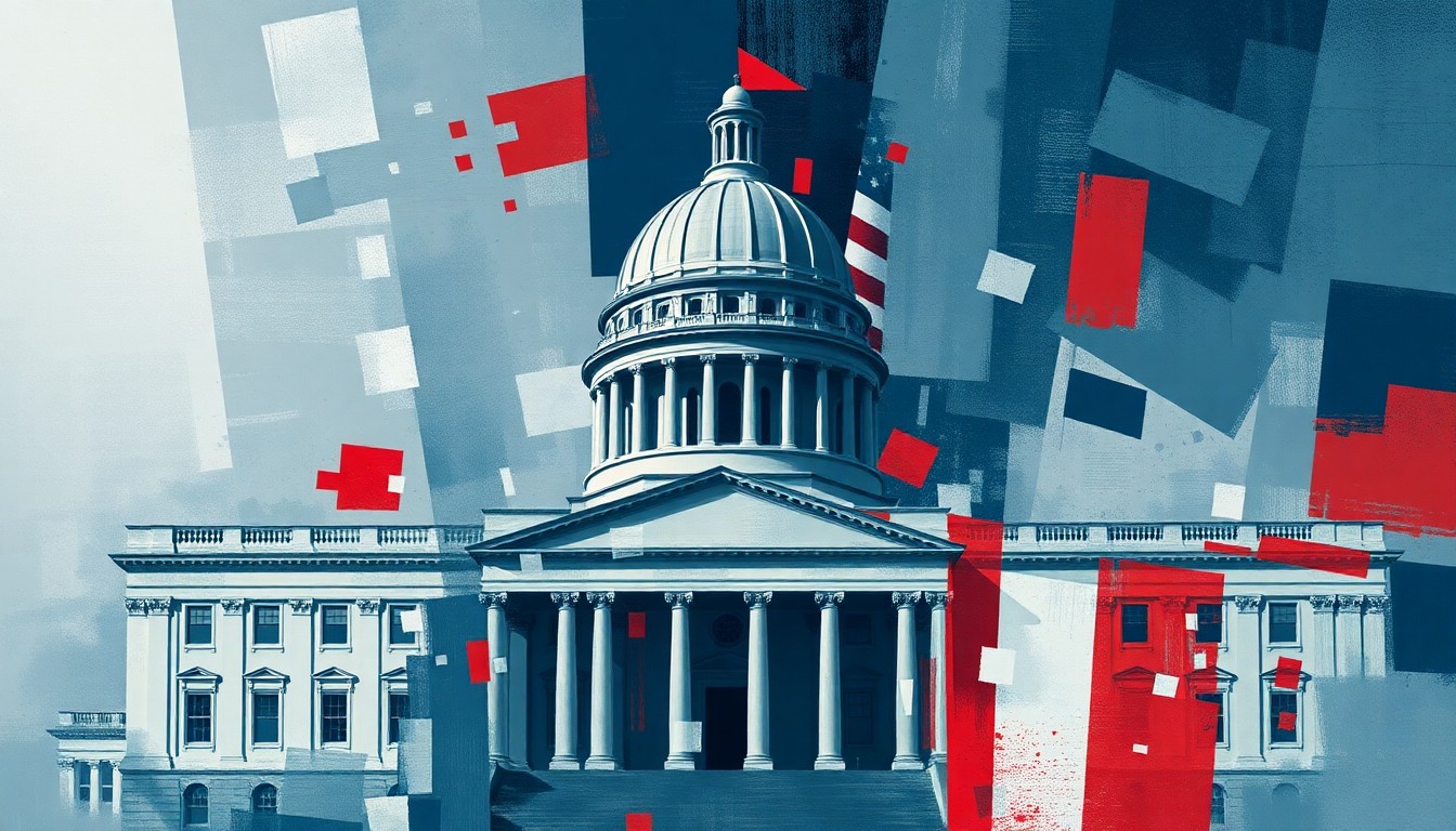 A dynamic, abstract painting featuring overlapping, geometric shapes in shades of blue, gray, and red, conveying a sense of motion and political unrest, without any text or identifiable elements.