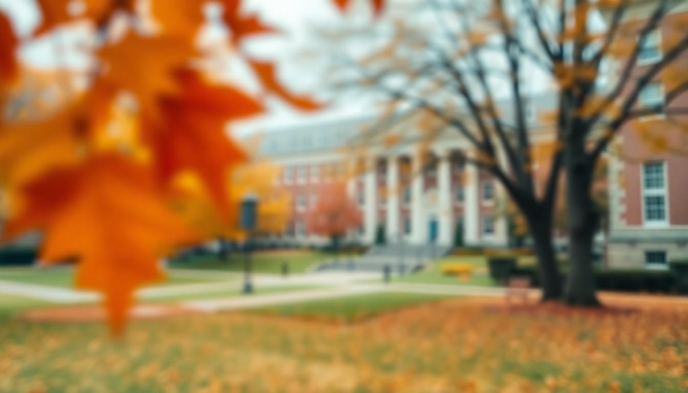 An abstract, out-of-focus photograph featuring a blurred college campus quad in autumn, with warm hues of orange, yellow, and red leaves creating a soft, dreamlike atmosphere that evokes the changing seasons and nostalgic feel of university life.
