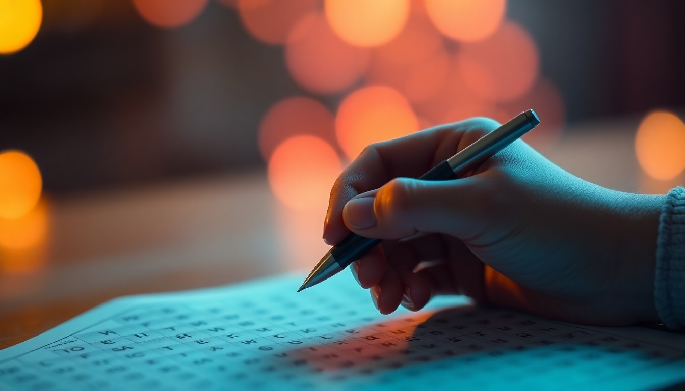 An extremely abstracted, out-of-focus photograph of a hand holding a pen hovering over a blurred crossword puzzle, composed entirely of soft, warm pools of color and light.