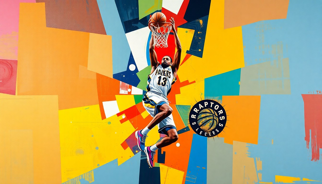 A cubist-style painting depicting a basketball player in mid-air during a dunk, with the scene broken down into sharp, overlapping geometric shapes and planes in the team's colors, conveying the intensity and fragmentation of the moment.