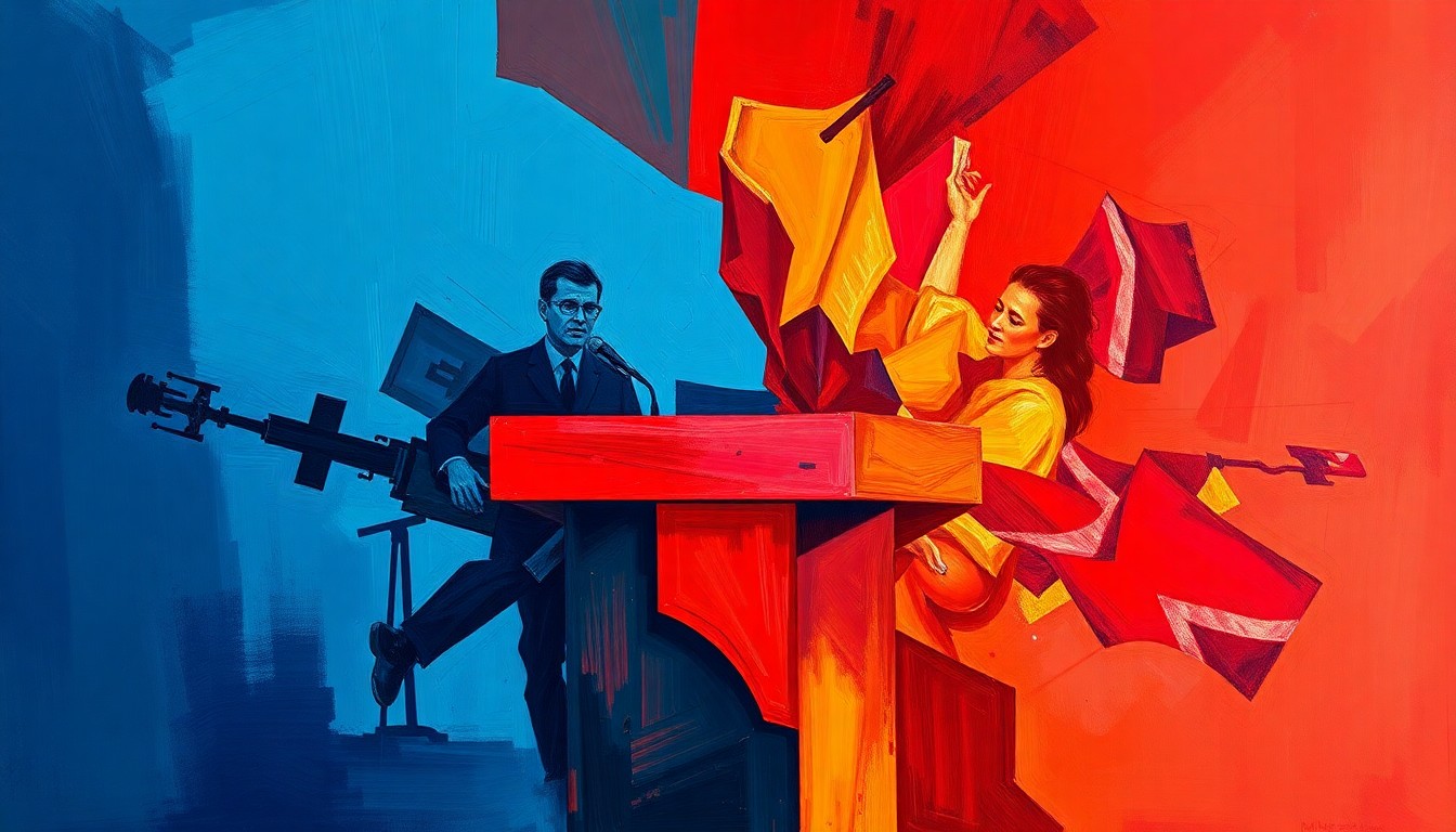 A vibrant, fractured painting depicting a podium or lectern in overlapping geometric shapes and waves of deep blue, crimson red, and golden yellow, conveying the chaotic power struggles within the Reform UK party.