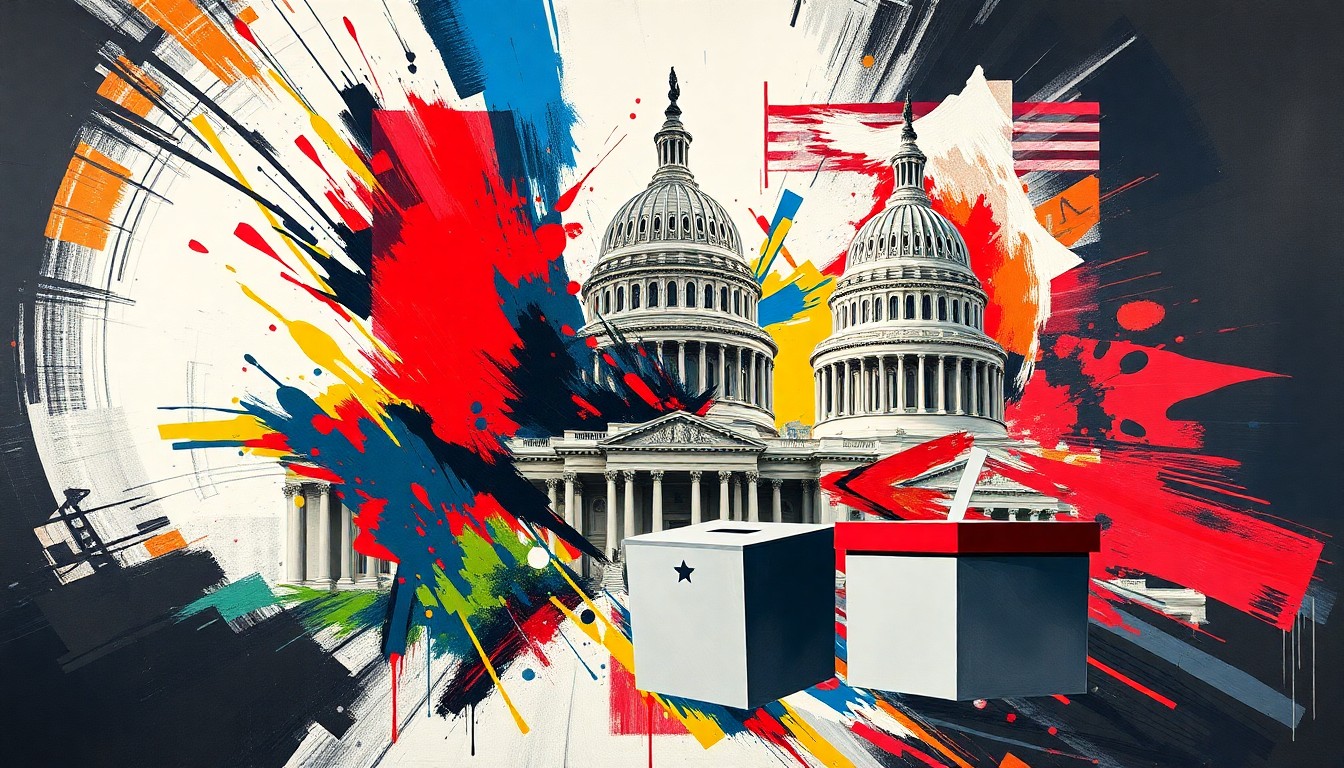 A vibrant, abstract painting featuring fragmented, overlapping images of government buildings and a ballot box, conveying the dynamic and contentious nature of the Texas special election.