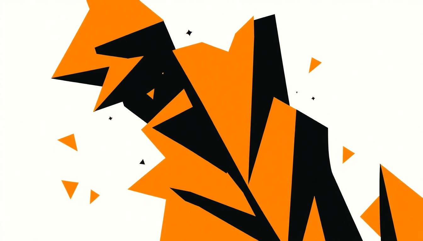 An abstract, minimalist illustration featuring bold, jagged shapes in shades of gold, orange, and black, capturing the surprise and energy of Katseye's live performance of 'Golden' at Coachella.