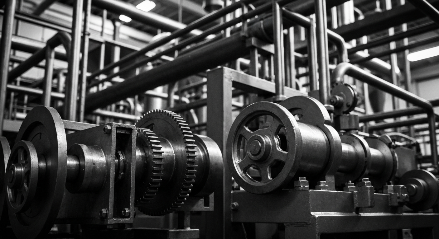 A high-contrast black and white close-up image of the complex machinery and mechanisms inside an industrial food processing plant, conveying the secure, reliable infrastructure behind Mama's Creations' manufacturing operations.