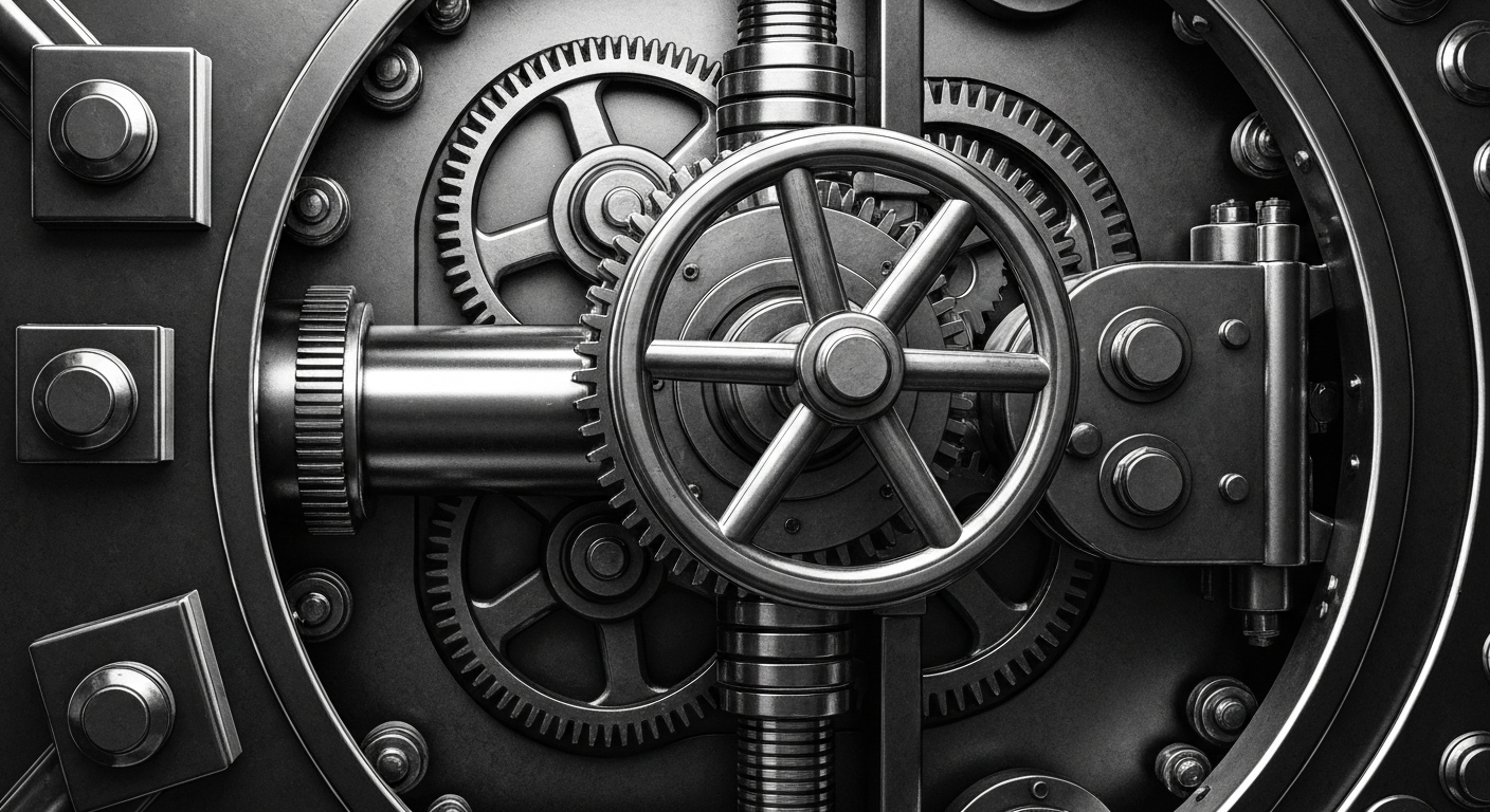 A high-contrast black and white close-up image of the inner mechanisms of a bank vault, including gears, locks, and heavy industrial equipment, conceptually representing the robust financial infrastructure supporting Nicolet Bankshares.