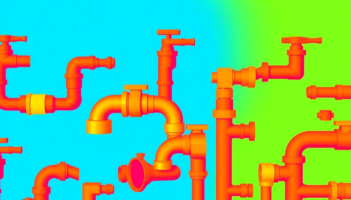 A brightly colored, abstract grid of water faucets and pipe fittings in vibrant neon shades, conceptually representing the importance of investing in a home's unseen plumbing infrastructure.