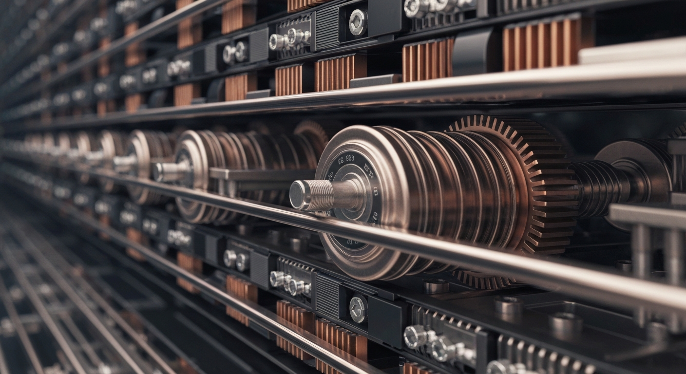 An extreme close-up of the intricate gears and mechanisms of a high-tech data storage system, rendered in muted tones of steel, copper, and black to convey a sense of industrial power and technological security.