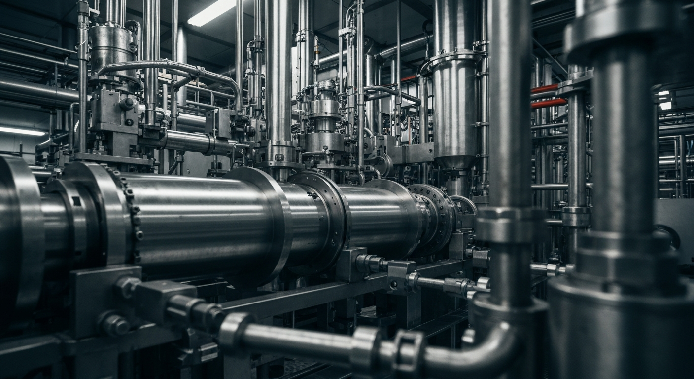 A close-up image of the intricate machinery and mechanisms inside a pharmaceutical manufacturing facility, captured in high-contrast black and white to convey the complex, industrial nature of biopharmaceutical production.