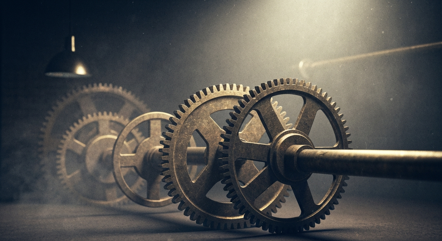 An extreme close-up of heavy, industrial banking and financial machinery, representing the complex systems and infrastructure that support the biotech industry without using literal currency or charts.