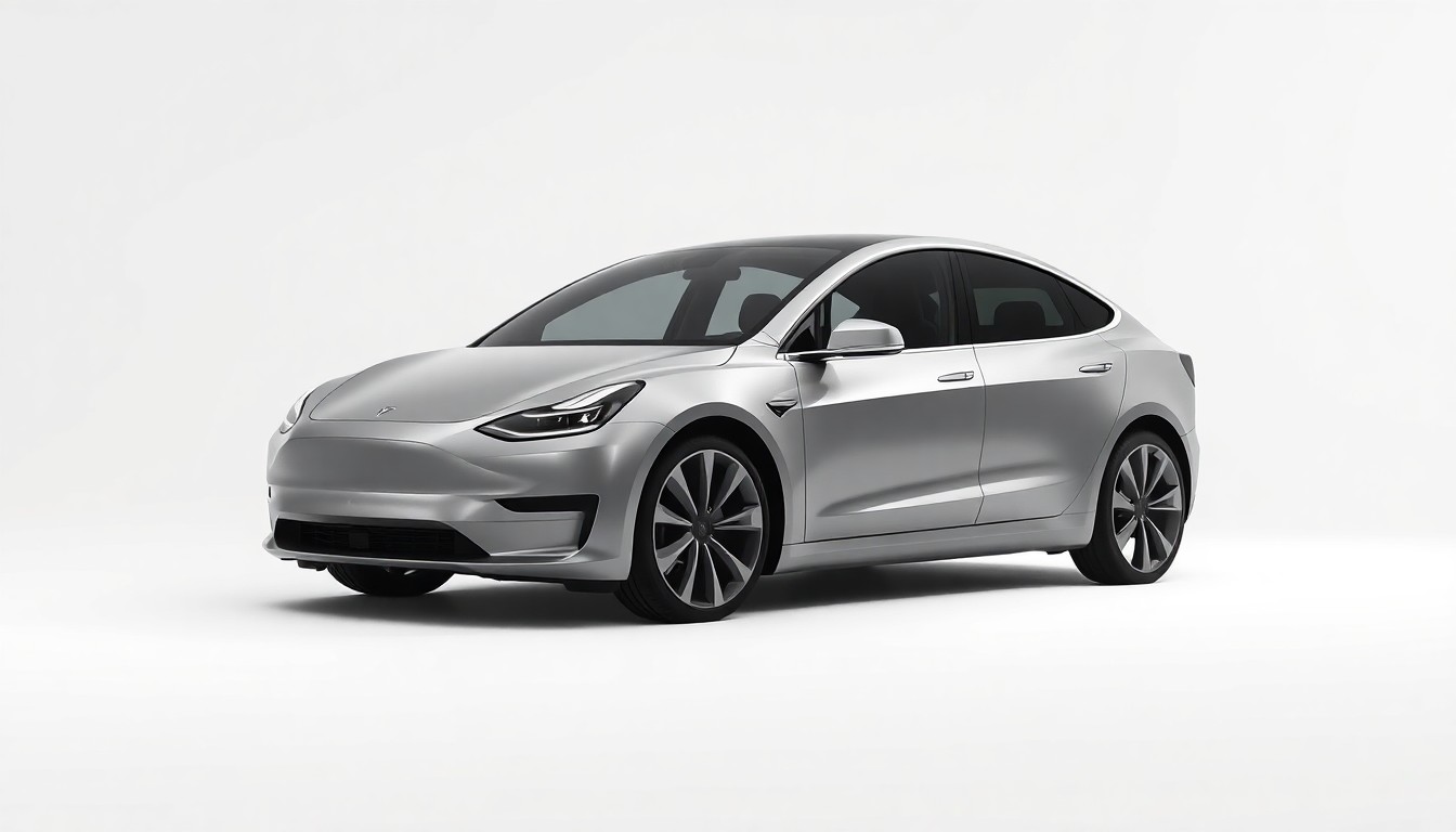 A photorealistic studio still-life image of a sleek, polished Tesla Cybercab model floating on a clean white background, lit dramatically to highlight its premium design.