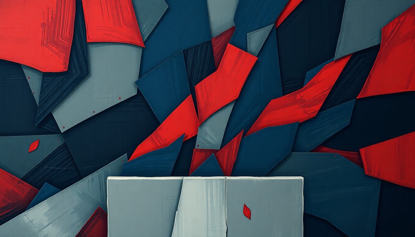 A fractured, abstract painting in shades of blue, red, and grey depicting a distorted and fragmented ballot box, conveying the instability and chaos of a rigged electoral system.