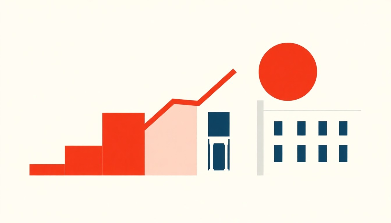 A bold, geometric illustration featuring overlapping triangles and circles in shades of red, blue, and yellow, conceptually representing the complexities of rising inflation and the Federal Reserve's policy response.