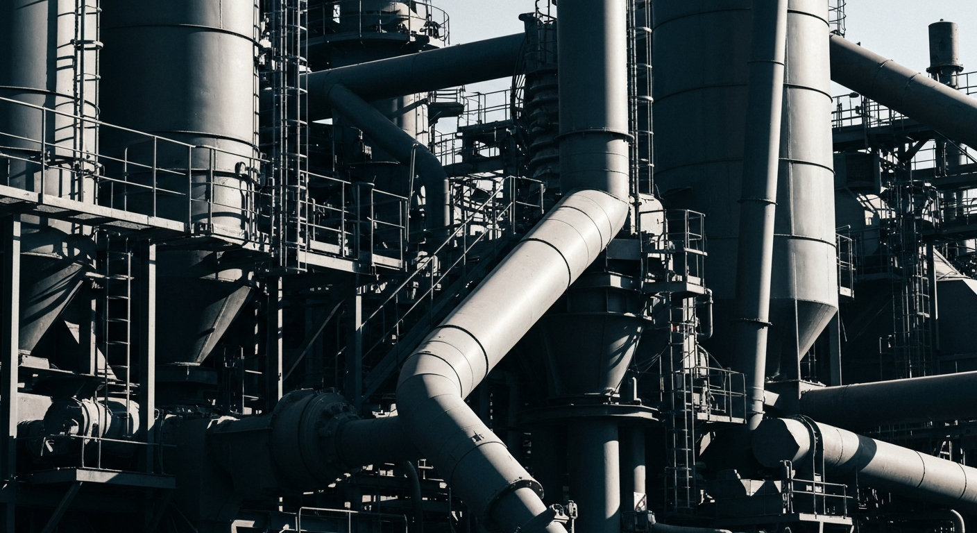 An extreme close-up of heavy, industrial machinery and equipment used in the production of fertilizers, captured in a high-contrast, documentary-style aesthetic with a focus on the scale, power, and technical complexity of the manufacturing process.