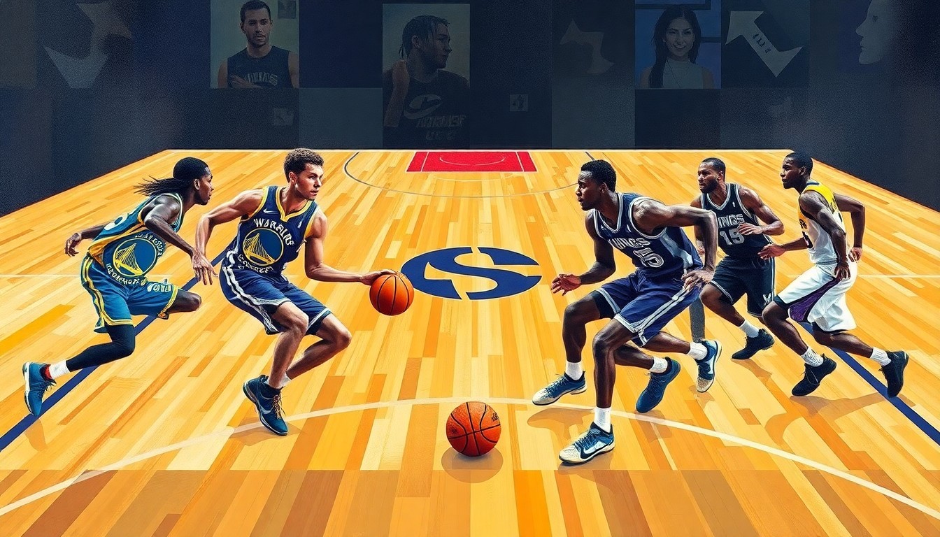 A fragmented, geometric painting depicting the action of a basketball game, with the players' forms broken down into abstract shapes and planes of color, creating a dynamic, kinetic composition.