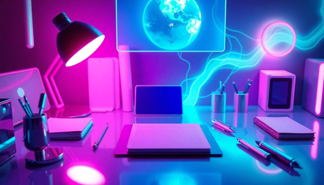 A highly detailed, glowing 3D illustration of a futuristic writing desk with holographic displays, digital notebooks, and other high-tech writing tools, all illuminated by neon cyan and magenta lights, conceptually representing the advanced technology powering an AI-assisted writing process.