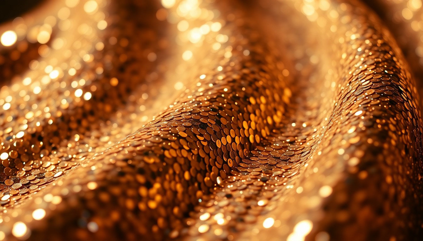 An abstract close-up image of shimmering sequins and glittering disco glass, captured in dramatic studio lighting to evoke a sense of celebrity and red-carpet style.