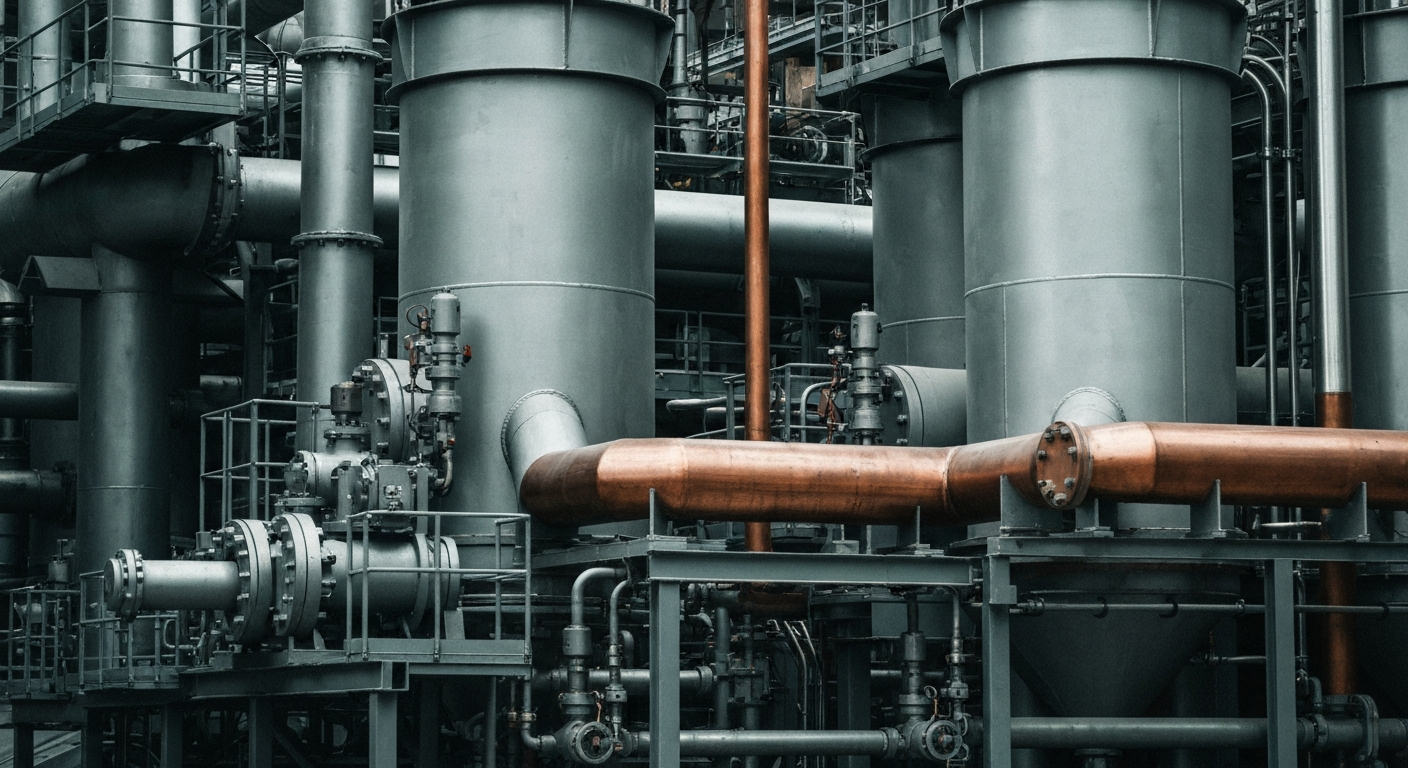 An extreme close-up of industrial uranium processing machinery, with a focus on the heavy, textured metal components and intricate mechanical details, conveying the physical and financial security of the critical minerals sector.