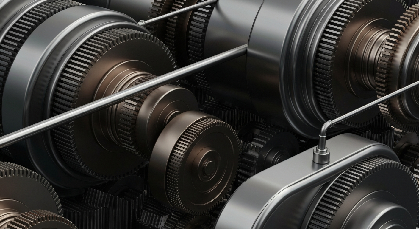 An extreme close-up of interlocking metal gears and machinery, representing the secure, powerful infrastructure of financial institutions.