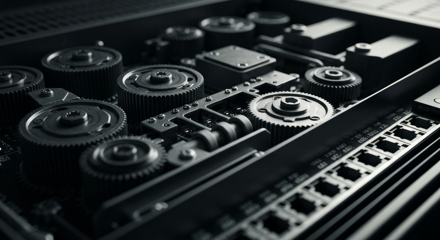 An extreme close-up of the inner workings of a cable box or broadband router, with gears, circuits, and other components rendered in a high-contrast, industrial style to convey the sophisticated technology powering modern communications networks.