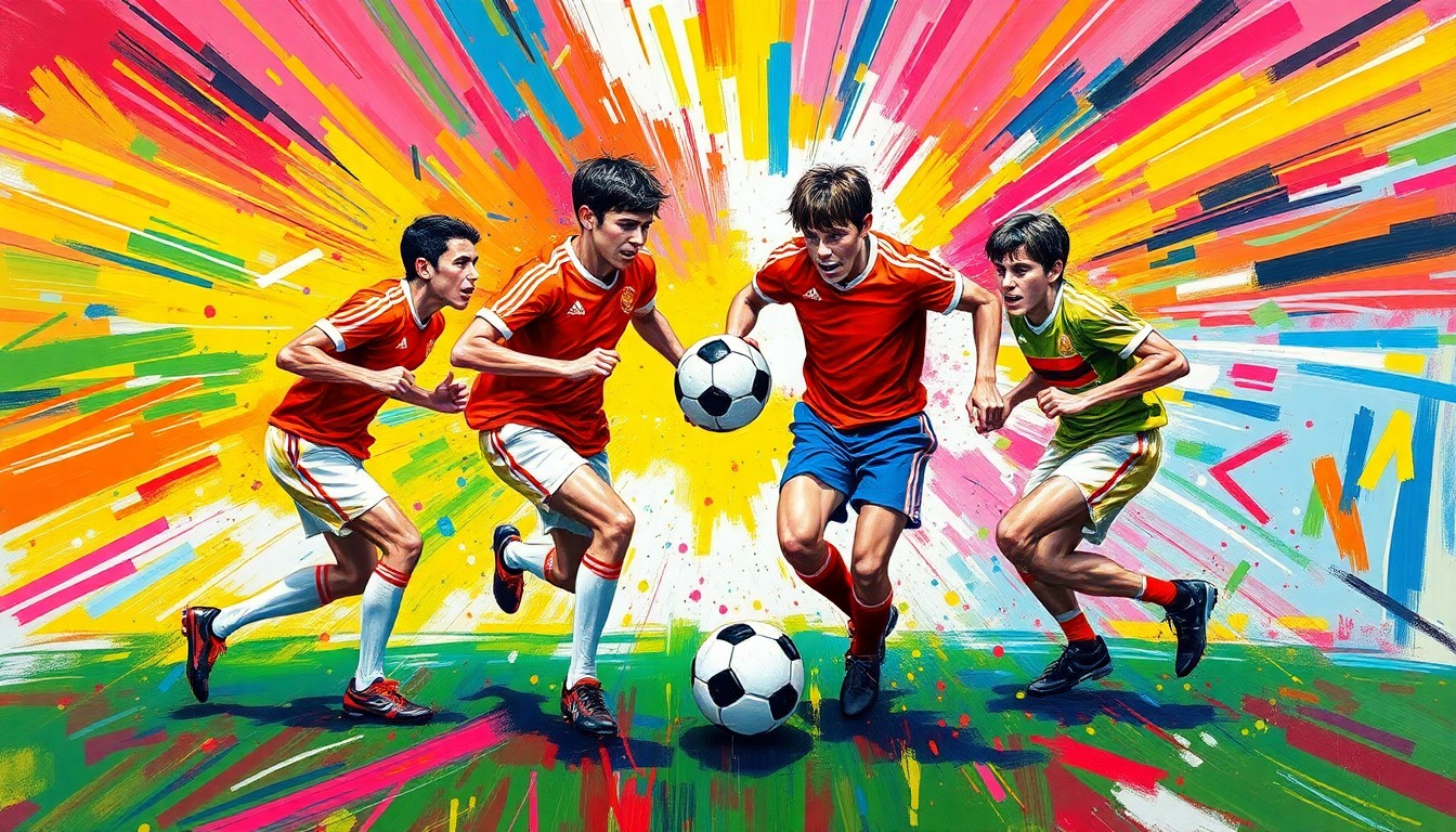 An abstract, energetic painting featuring bold, neon-colored brushstrokes that capture the playful, mischievous spirit of a group of soccer players pulling a prank on their teammate.