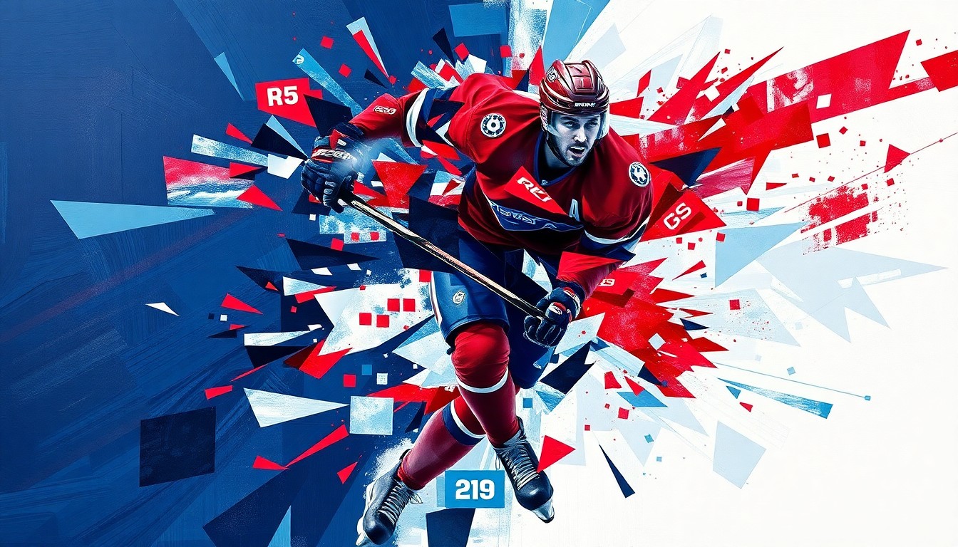 A dynamic, abstract painting of a hockey player in motion, with overlapping, geometric waves of color in shades of navy blue, crimson red, and metallic silver, conceptually representing the controversy and divided opinions surrounding the former president's comments about the women's hockey team.